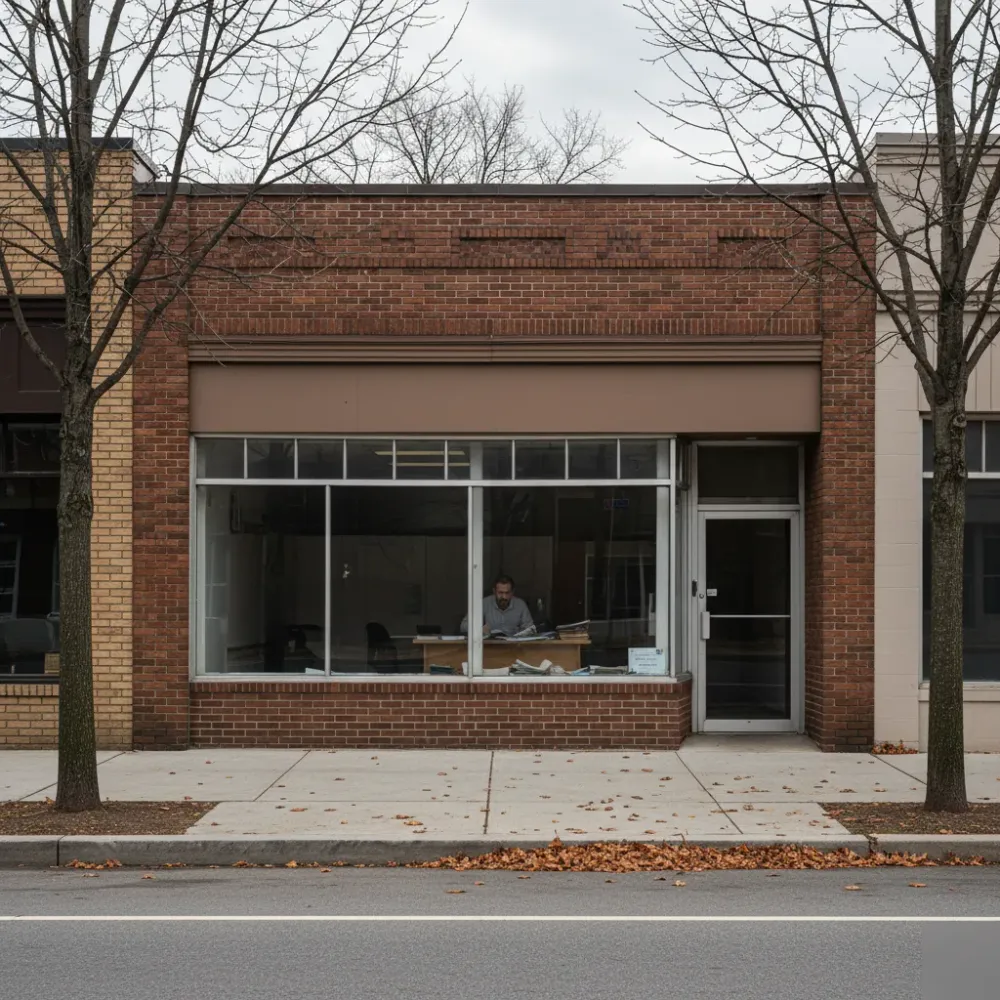 Brick retail storefront on a Teaneck commercial street with a person visible inside reviewing documents.