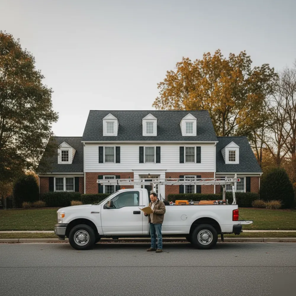 Person reviews documents beside a pickup truck with a ladder rack parked in front of a brick colonial home on a Teaneck