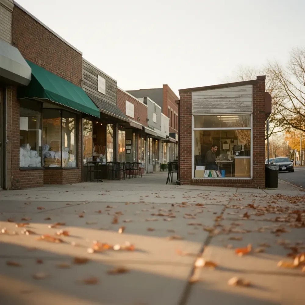Teaneck commercial street with brick storefronts shows a business owner working at a laptop visible through a window.