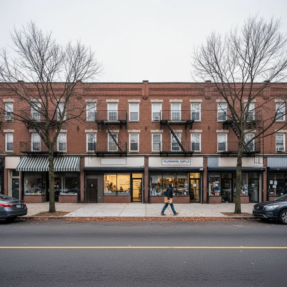 Person carrying a folder walks toward brick-front storefronts on a commercial street in a New Jersey urban neighborhood in