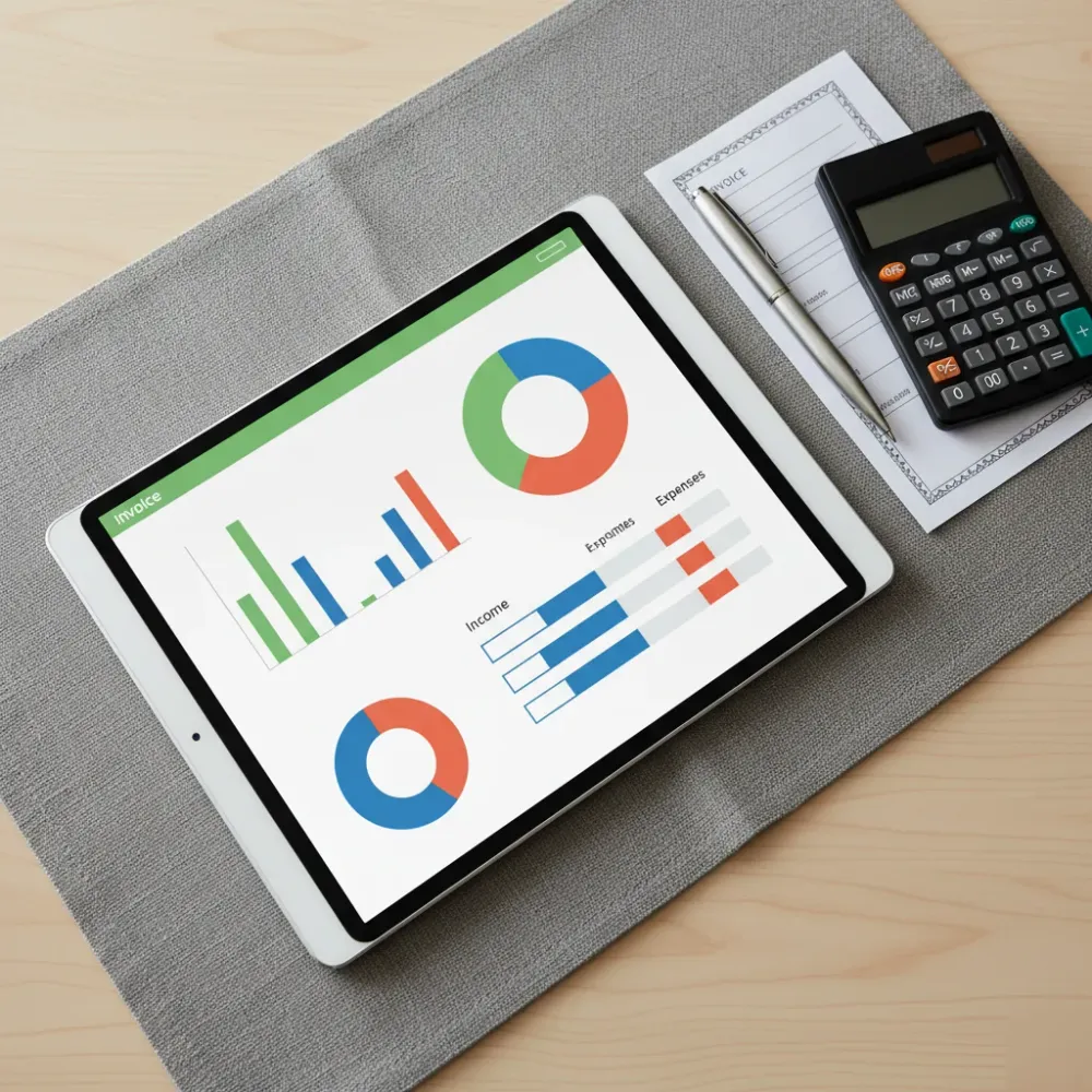 Tablet showing a bookkeeping dashboard with expense categories and a profit-and-loss chart sits beside a printed invoice and