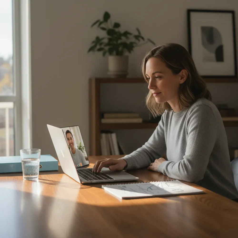Business owner video calls a remote bookkeeper on a laptop at a clean, organized home office desk in natural light.