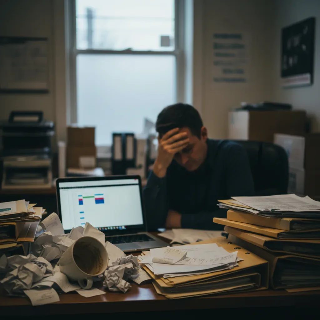 Small business owner sits at a cluttered desk staring at financial spreadsheets on a laptop with a stressed expression.